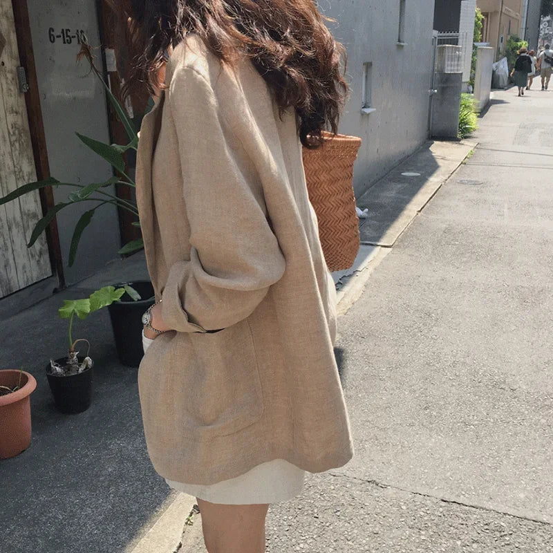 Korean Retro Cotton Linen Solid Blazer 2024 Summer New Womens Notched Collar Clothing Single Breasted Casual Suit Jacket Women