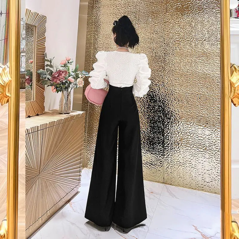 بنطلونات أنيقة عالية الخصر لفصل الربيع والخريف، ملابس نسائية قابلة للطي، زخارف ثلاثية الأبعاد، بنطلونات أساسية واسعة الساق ومقسمة بخصر