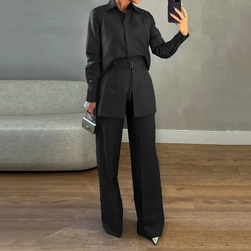 Wefads Two Piece Set Women's Clothes Office Casual Solid Long Sleeve Lapel Buckle Top Loose Straight Pants Sets