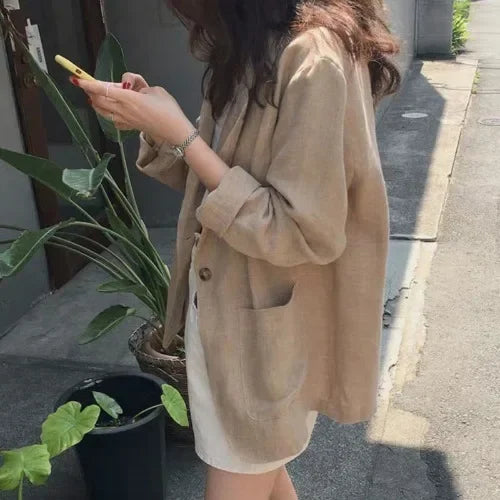 Korean Retro Cotton Linen Solid Blazer 2024 Summer New Womens Notched Collar Clothing Single Breasted Casual Suit Jacket Women