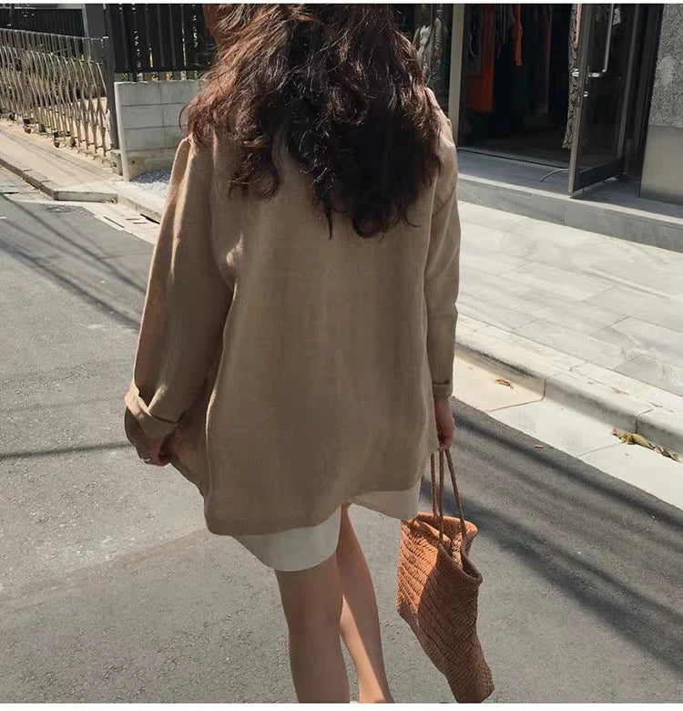 Korean Retro Cotton Linen Solid Blazer 2024 Summer New Womens Notched Collar Clothing Single Breasted Casual Suit Jacket Women
