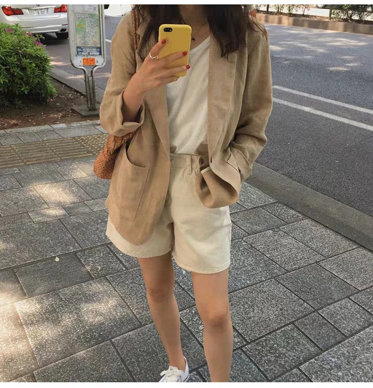 Korean Retro Cotton Linen Solid Blazer 2024 Summer New Womens Notched Collar Clothing Single Breasted Casual Suit Jacket Women