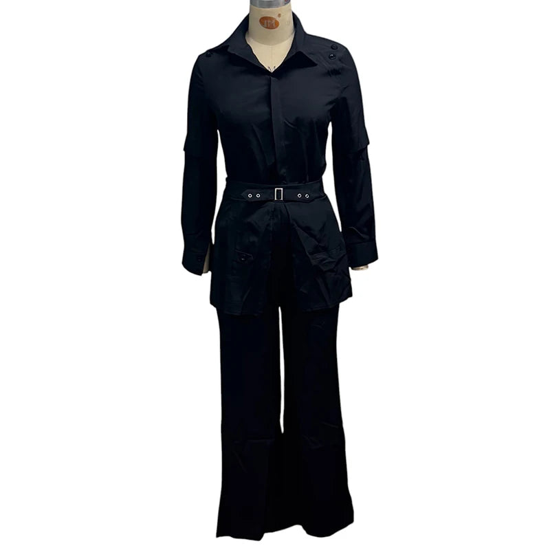 Wefads Two Piece Set Women's Clothes Office Casual Solid Long Sleeve Lapel Buckle Top Loose Straight Pants Sets