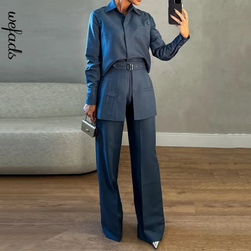 Wefads Two Piece Set Women's Clothes Office Casual Solid Long Sleeve Lapel Buckle Top Loose Straight Pants Sets