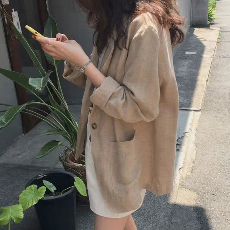 Korean Retro Cotton Linen Solid Blazer 2024 Summer New Womens Notched Collar Clothing Single Breasted Casual Suit Jacket Women