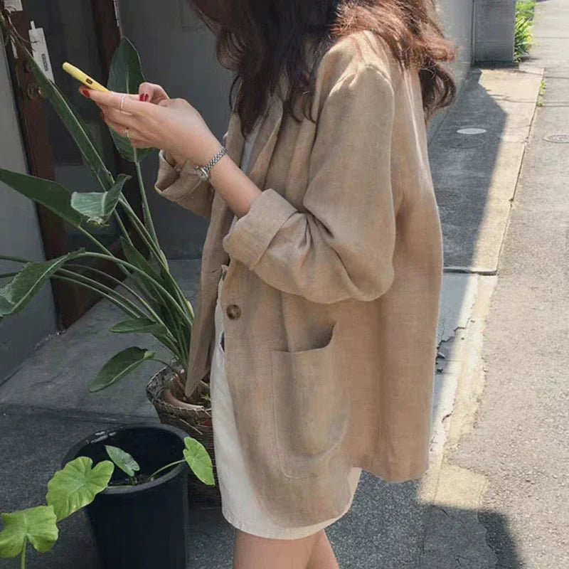 Korean Retro Cotton Linen Solid Blazer 2024 Summer New Womens Notched Collar Clothing Single Breasted Casual Suit Jacket Women