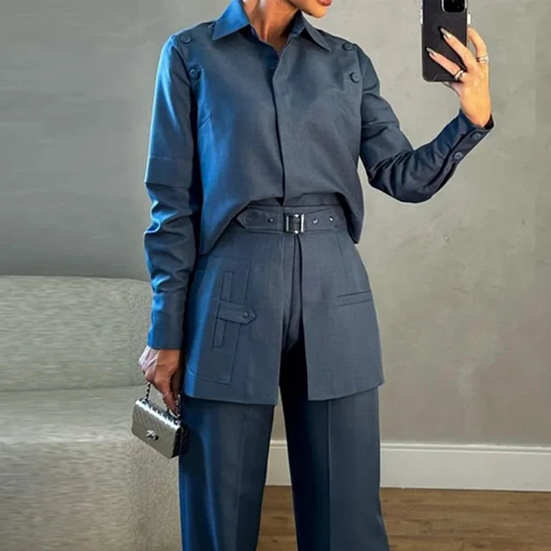 Wefads Two Piece Set Women's Clothes Office Casual Solid Long Sleeve Lapel Buckle Top Loose Straight Pants Sets