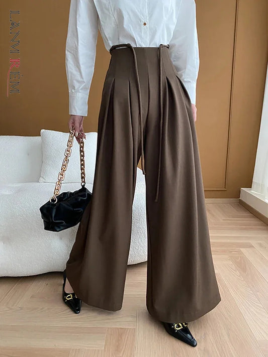 [LANMREM] Fashion Drawstring Suits Pants For Women High Waist Pleasted Wide Leg Trousers Office Lady Clothes 2025 Spring New