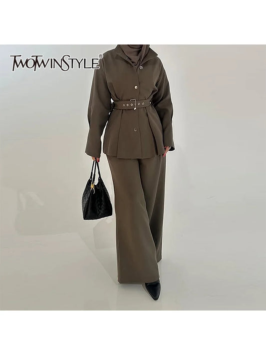 TWOTWINSTYLE Solid Two Piece Set For Women Lapel Long Sleeve Spliced Belt Coat High Waist Pant Temperament Sets Female Clothes