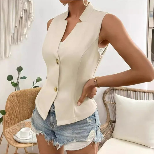 Women Solid V-neck Slim Vests Single Breasted European Style Commuting All-match Spring Summer Elegant Ladies Stylish Outwear