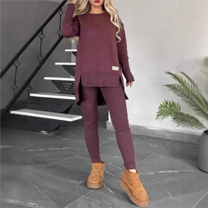 Women's Spring Autumn Casual Sports Two-Piece Set Solid Hoodie Suit Long Sleeve Round Neck Loose Top + Small Foot Pants Sets New
