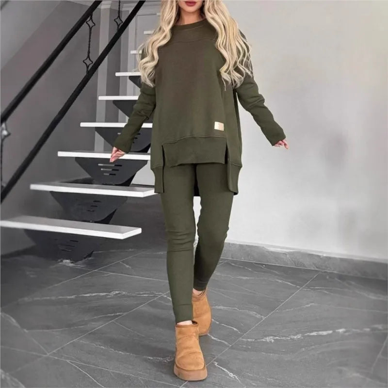 Women's Spring Autumn Casual Sports Two-Piece Set Solid Hoodie Suit Long Sleeve Round Neck Loose Top + Small Foot Pants Sets New