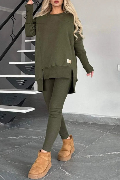 Women's Spring Autumn Casual Sports Two-Piece Set Solid Hoodie Suit Long Sleeve Round Neck Loose Top + Small Foot Pants Sets New