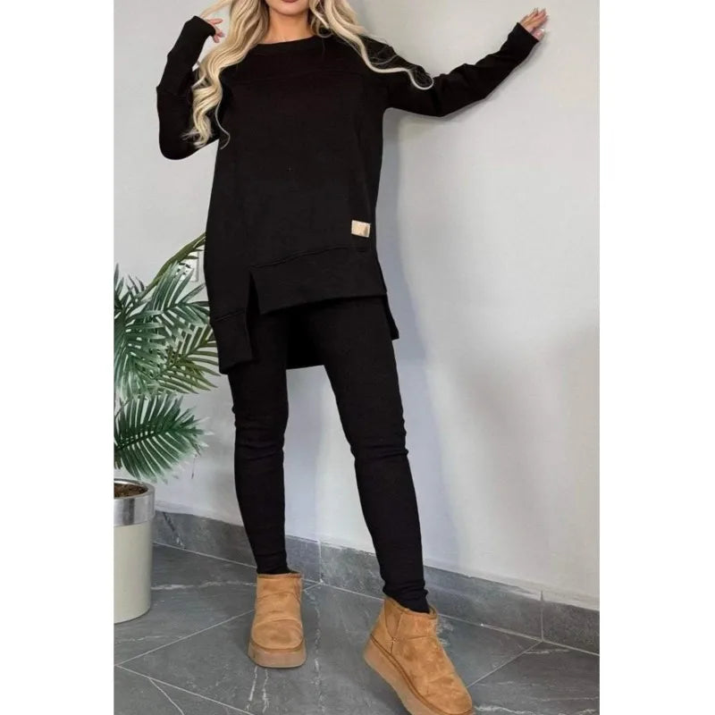 Women's Spring Autumn Casual Sports Two-Piece Set Solid Hoodie Suit Long Sleeve Round Neck Loose Top + Small Foot Pants Sets New