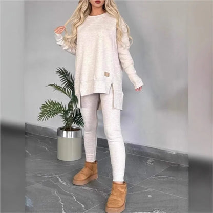 Women's Spring Autumn Casual Sports Two-Piece Set Solid Hoodie Suit Long Sleeve Round Neck Loose Top + Small Foot Pants Sets New