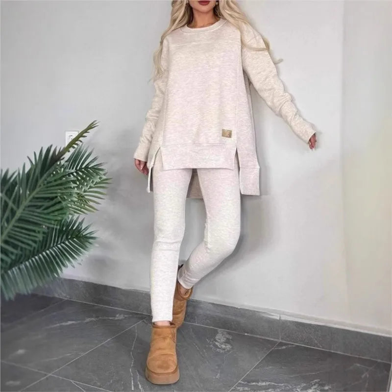 Women's Spring Autumn Casual Sports Two-Piece Set Solid Hoodie Suit Long Sleeve Round Neck Loose Top + Small Foot Pants Sets New