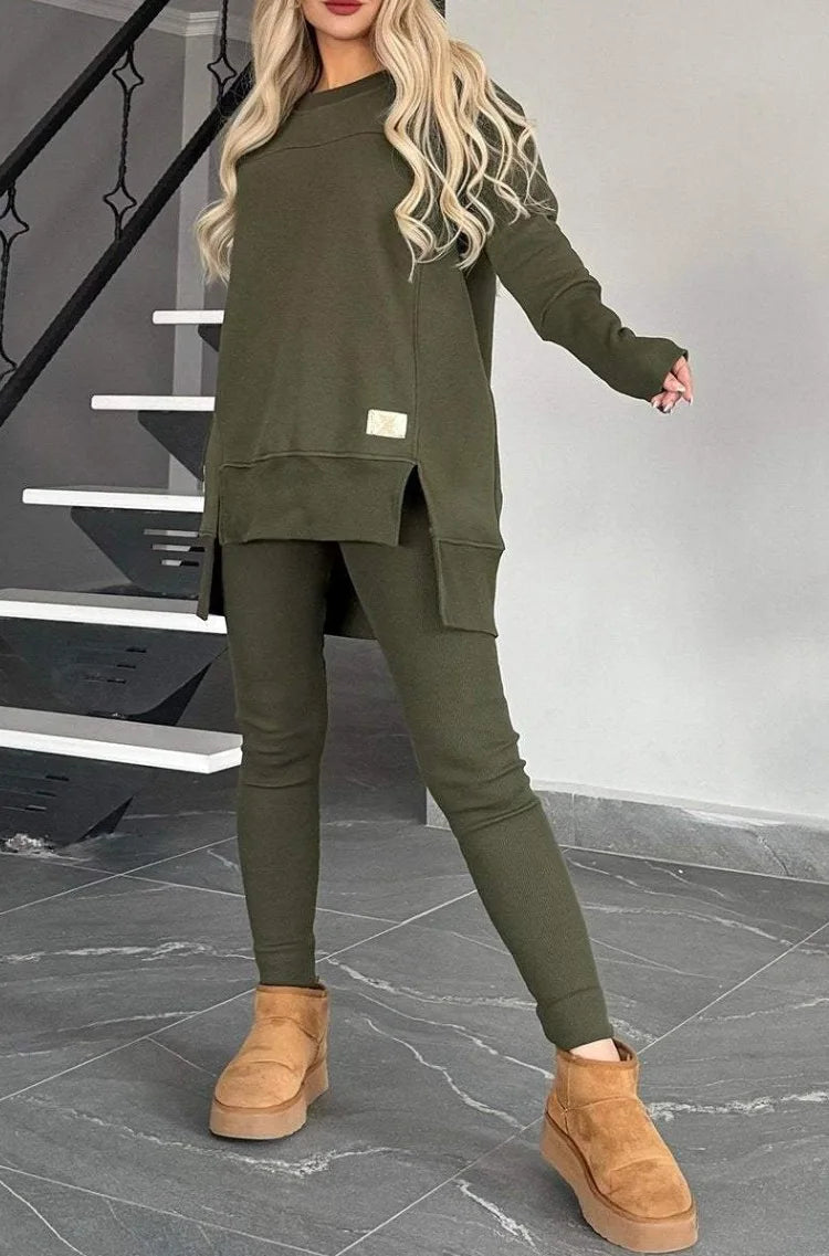 Women's Spring Autumn Casual Sports Two-Piece Set Solid Hoodie Suit Long Sleeve Round Neck Loose Top + Small Foot Pants Sets New